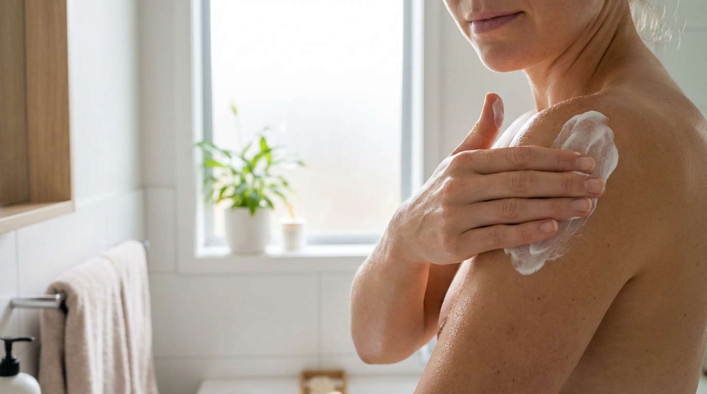 Mulher aplicando protetor solar no ombro em um ambiente de banheiro spa iluminado