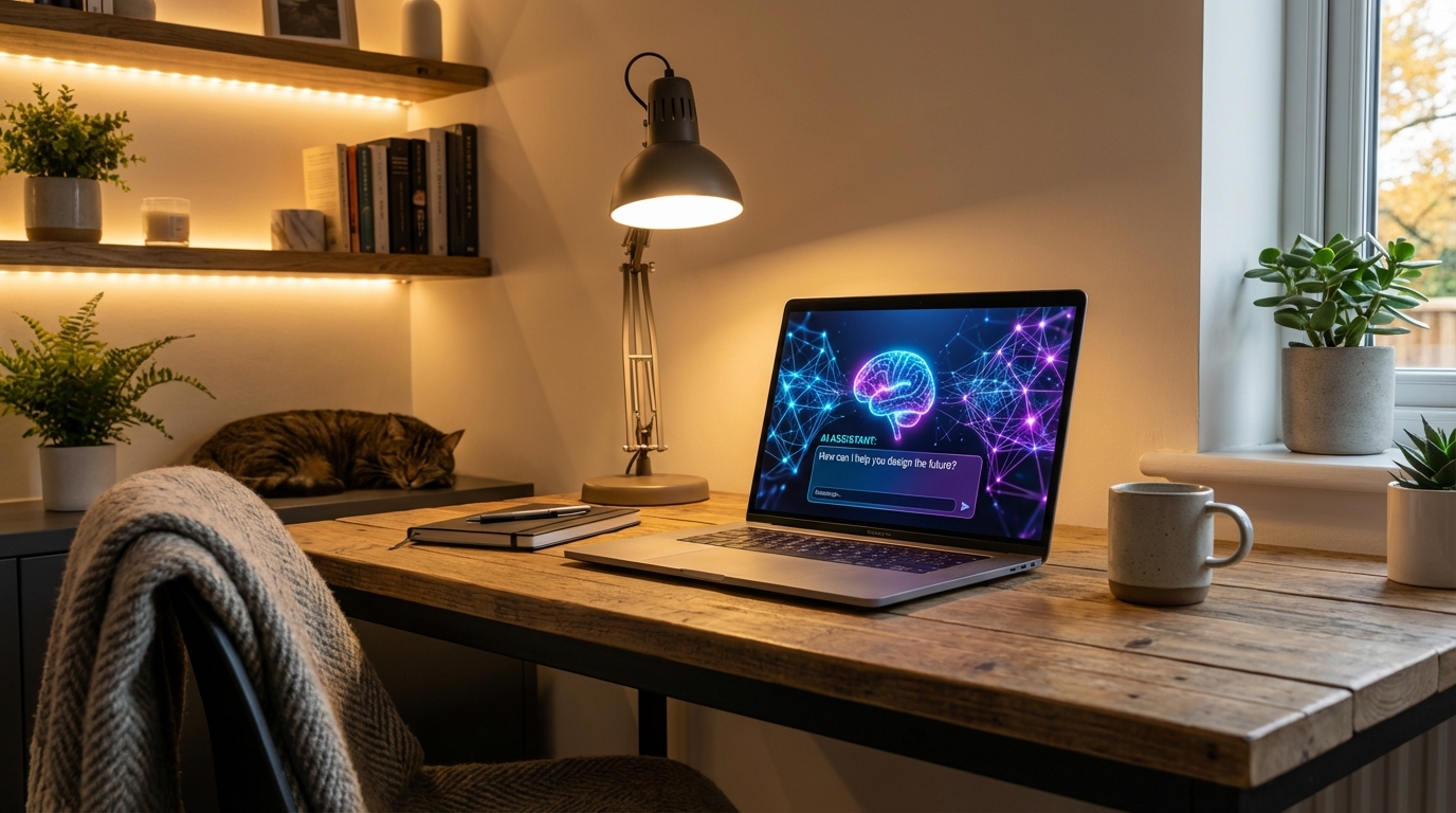 Setup de home office moderno com tela de computador mostrando interface de inteligência artificial.