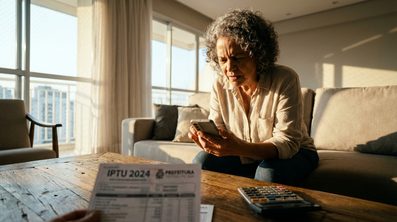 Pessoa segurando celular e consultando o valor do IPTU 2026 com um carnê e calculadora sobre a mesa.