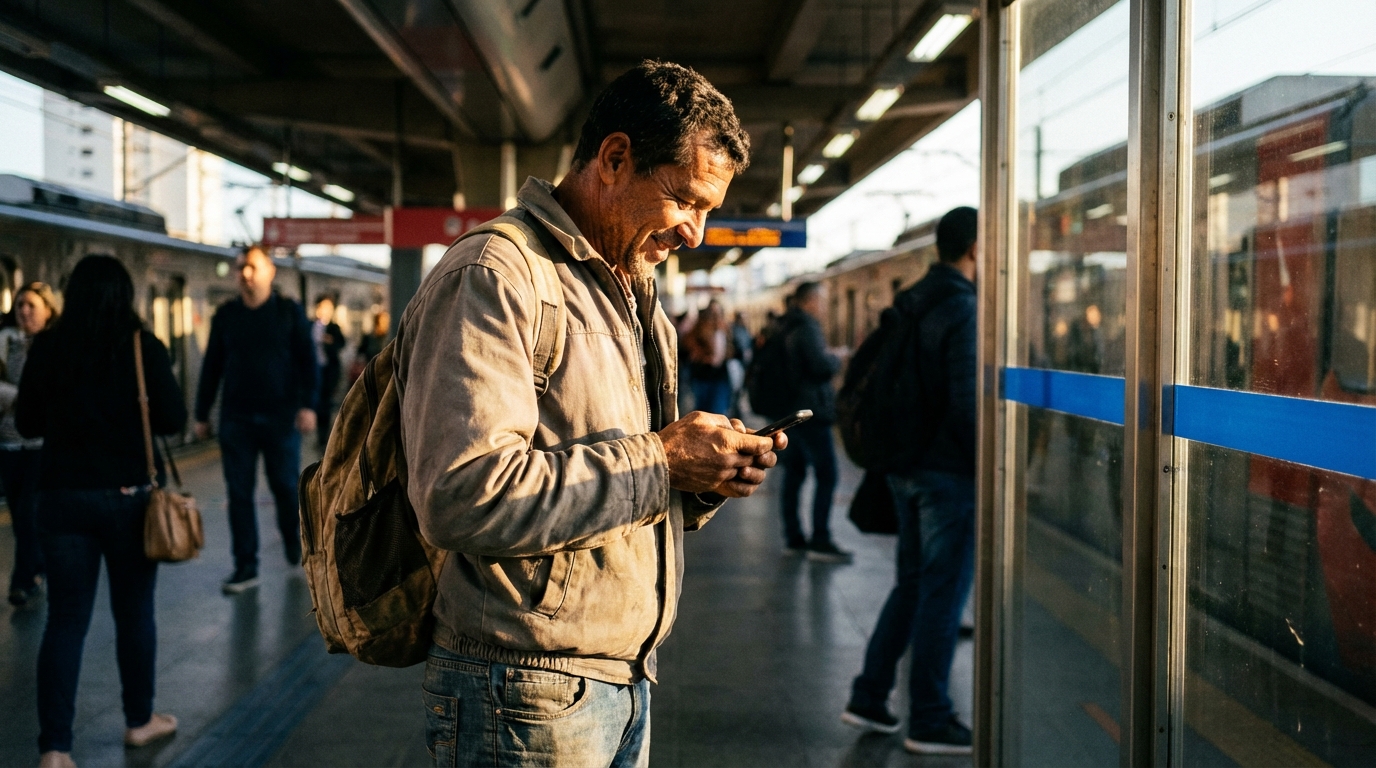 Trabalhador brasileiro consultando o saldo do PIS 2026 no celular com expressão de alívio.