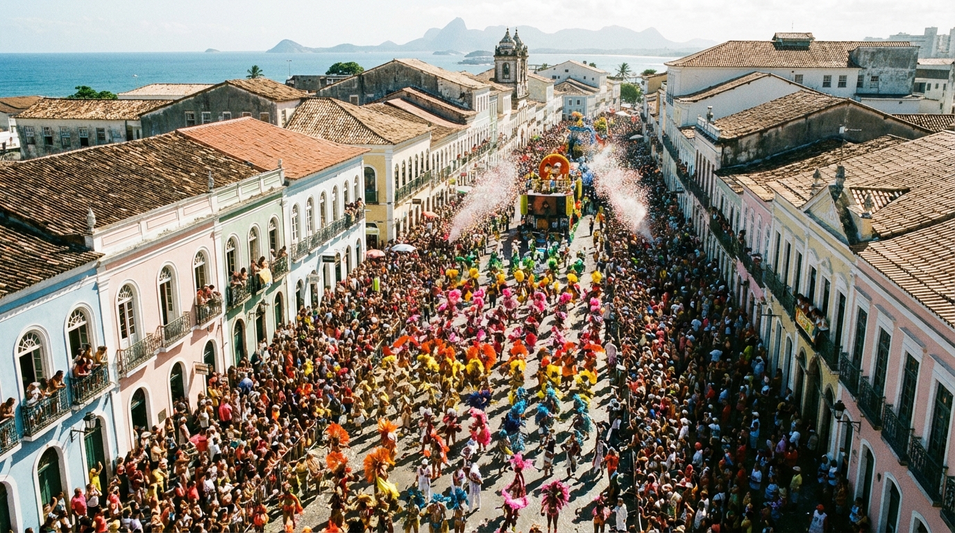 Vista aérea de um bloco de rua lotado durante o Carnaval no Brasil com pessoas fantasiadas e confetes.