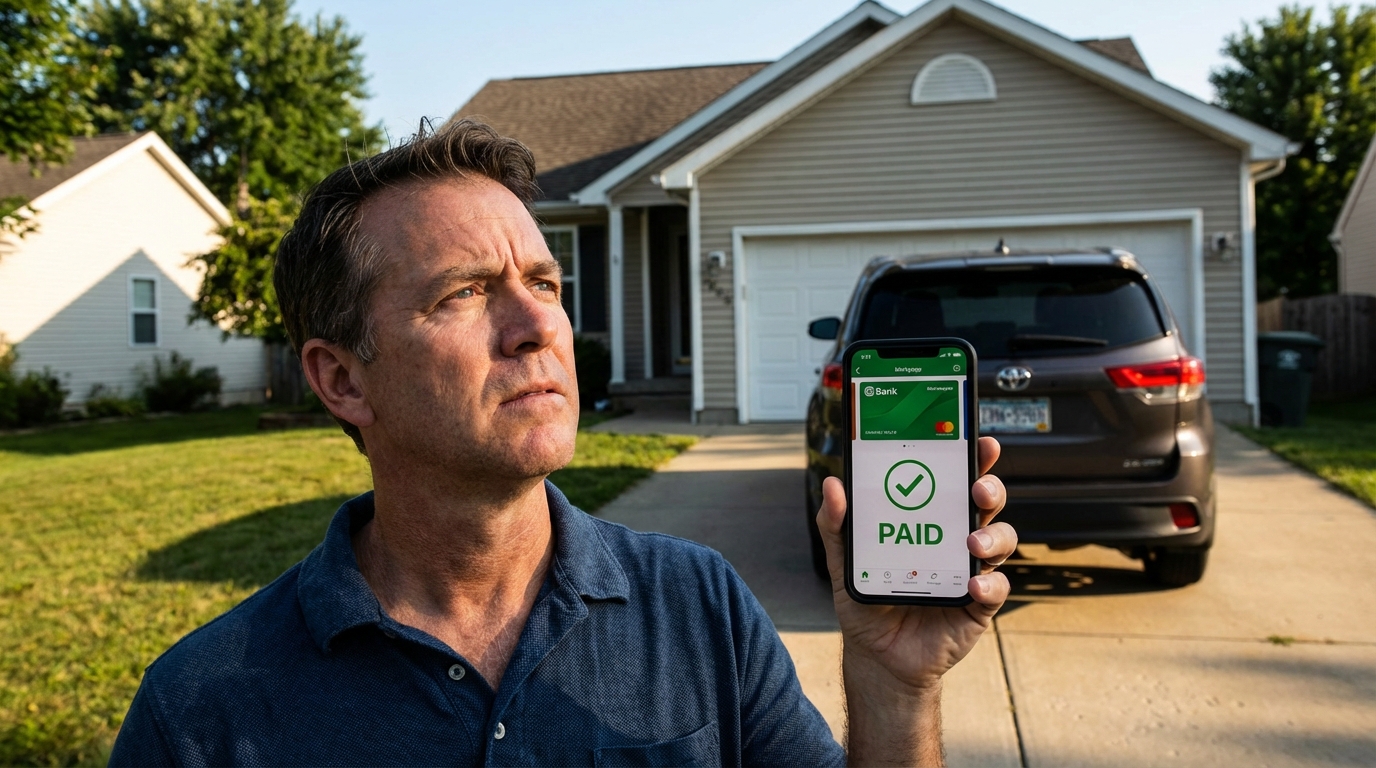 Pessoa sorrindo aliviada ao olhar para seu carro e casa, segurando um celular com confirmação de pagamento de impostos.
