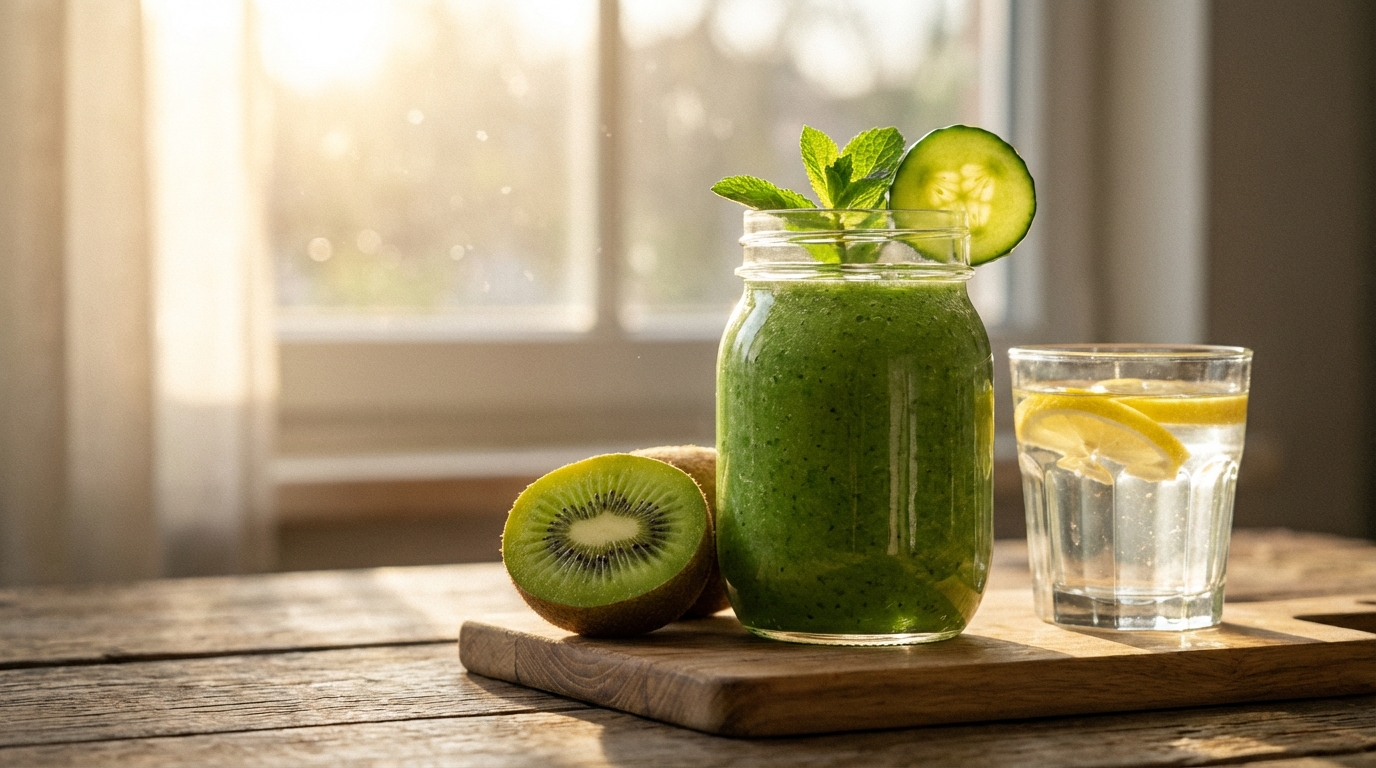 Copo de suco verde detox com fatias de kiwi e água com limão em uma mesa iluminada pelo sol.