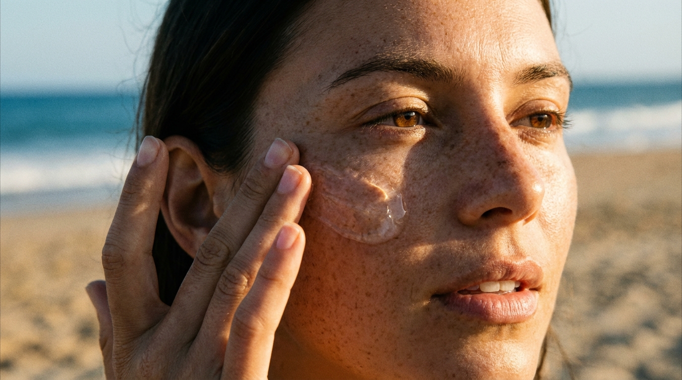 Mulher aplicando protetor solar no rosto durante o pôr do sol na praia.