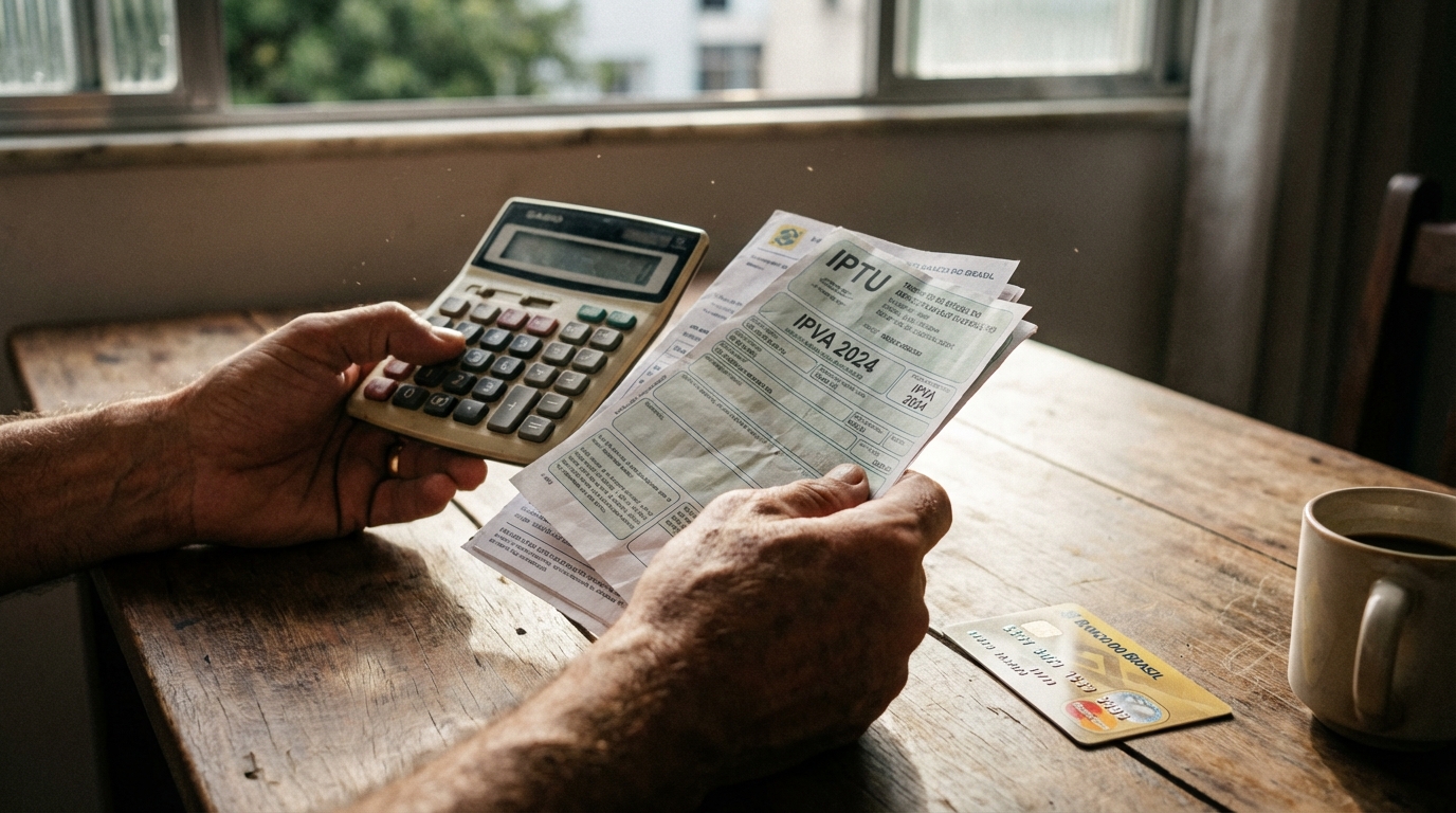 Pessoa organizando boletos de IPVA e IPTU sobre uma mesa de madeira com calculadora.