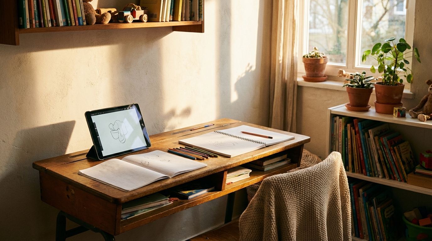 Canto de estudos infantil organizado com tablet e cadernos sob luz solar.