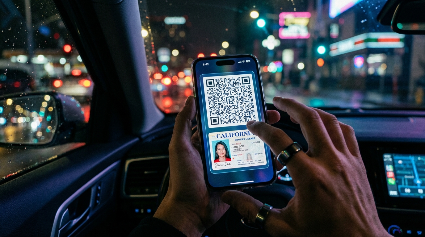 Smartphone exibindo a CNH Digital 2026 dentro de um carro moderno com luzes da cidade ao fundo.