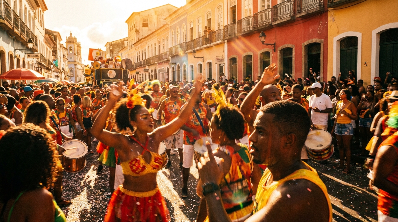 Multidão apertada no circuito de Carnaval em Salvador sob sol forte.