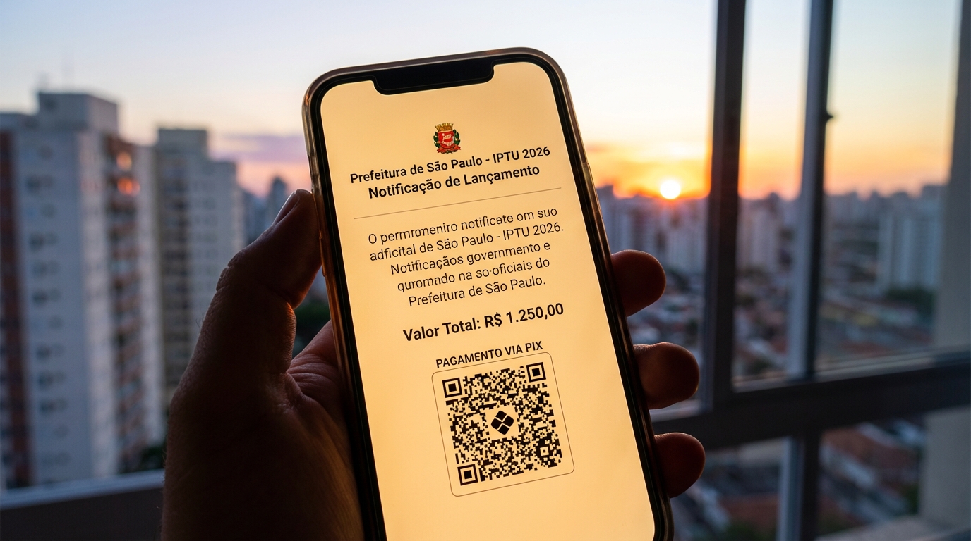 Smartphone mostrando boleto digital do IPTU 2026 de São Paulo com QR Code para pagamento.