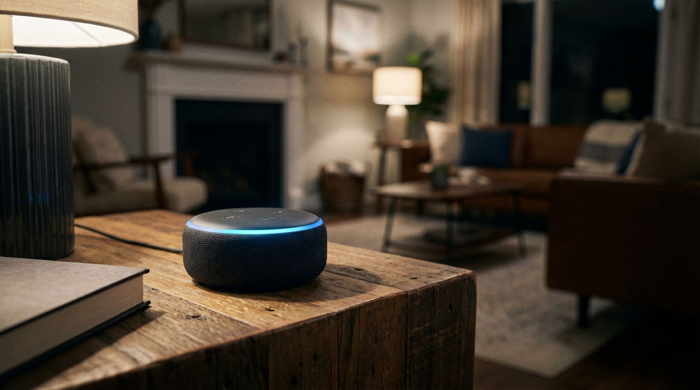 Dispositivo Amazon Echo Dot em uma mesa de madeira com luz azul suave.