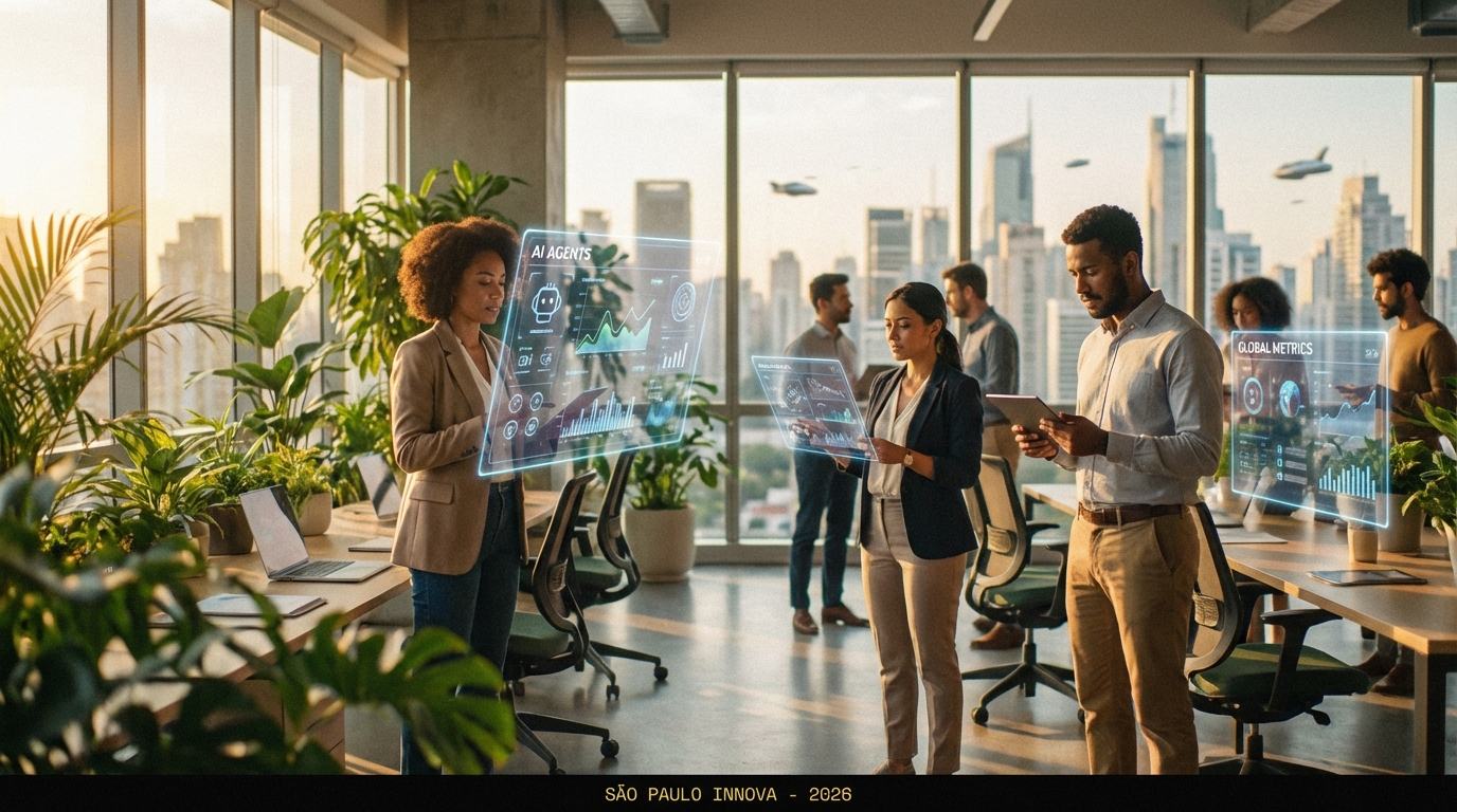 Profissionais em escritório moderno analisando dados holográficos de Agentes de IA em telas transparentes.