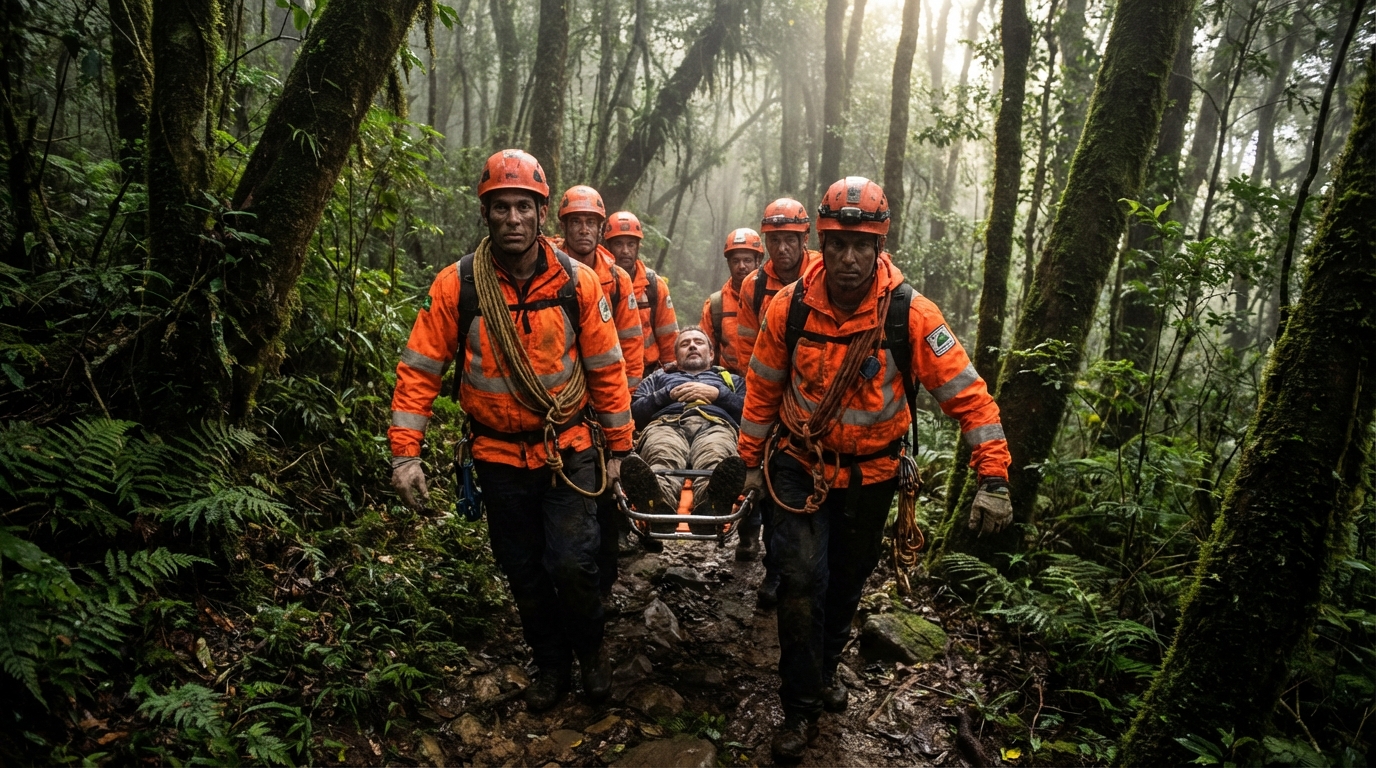 Equipe de resgate em área de mata fechada durante buscas em montanha