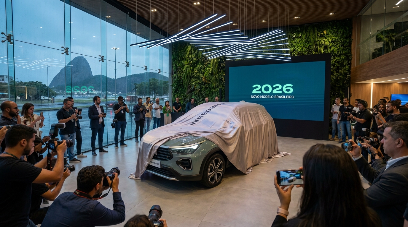 Lançamento de carro em showroom moderno com letreiro 2026 ao fundo