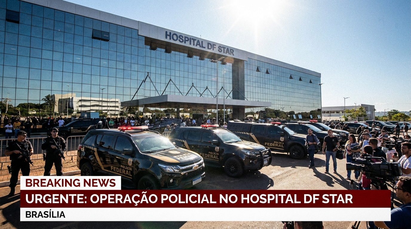 Fachada do Hospital DF Star com movimentação de viaturas da Polícia Federal.