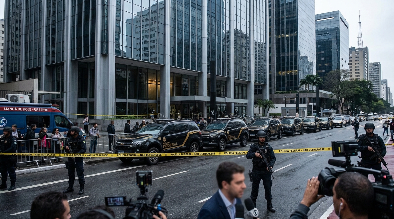 Viaturas da Polícia Federal em frente à sede financeira durante operação contra o Banco Master