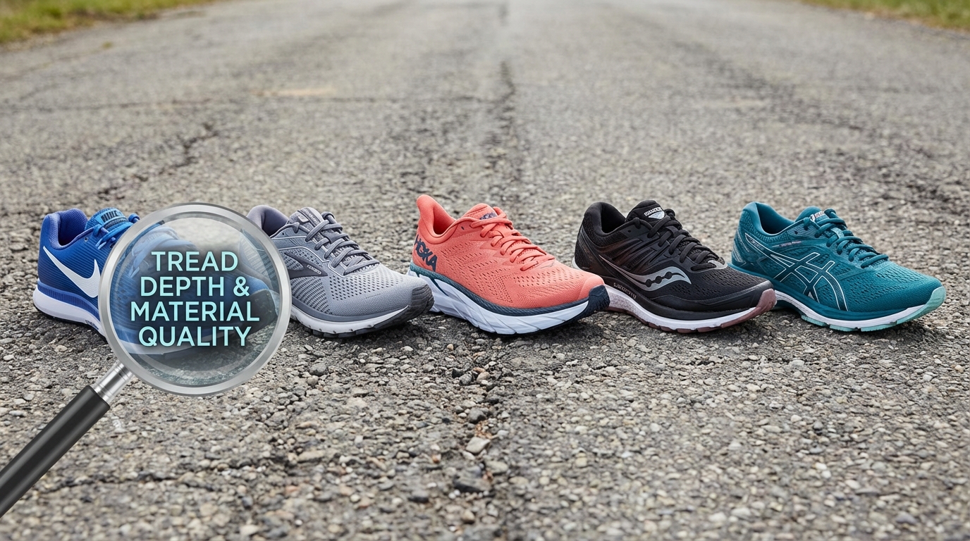 Comparativo lado a lado de tênis de corrida femininos em asfalto mostrando detalhes do solado.