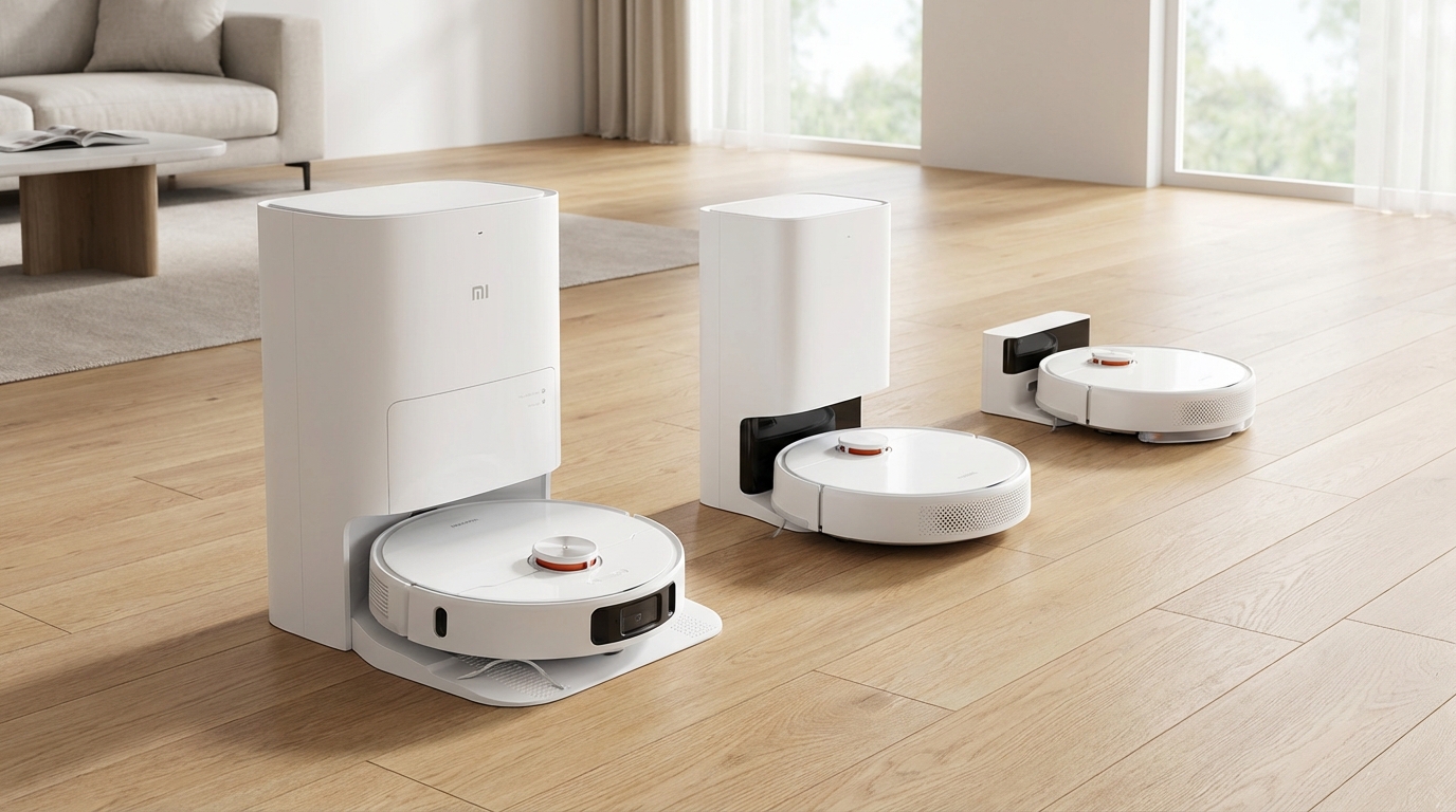 Comparativo visual dos aspiradores robô Xiaomi X20+, S20+ e S20 em uma sala moderna.
