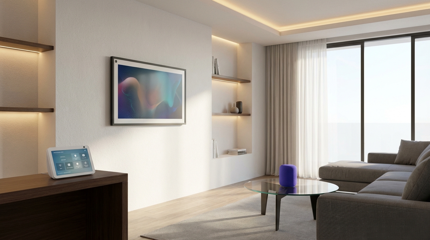 Comparativo visual das melhores Alexas de 2026: Echo Show 15 na parede, Echo Show 8 na bancada e Echo Pop na mesa.