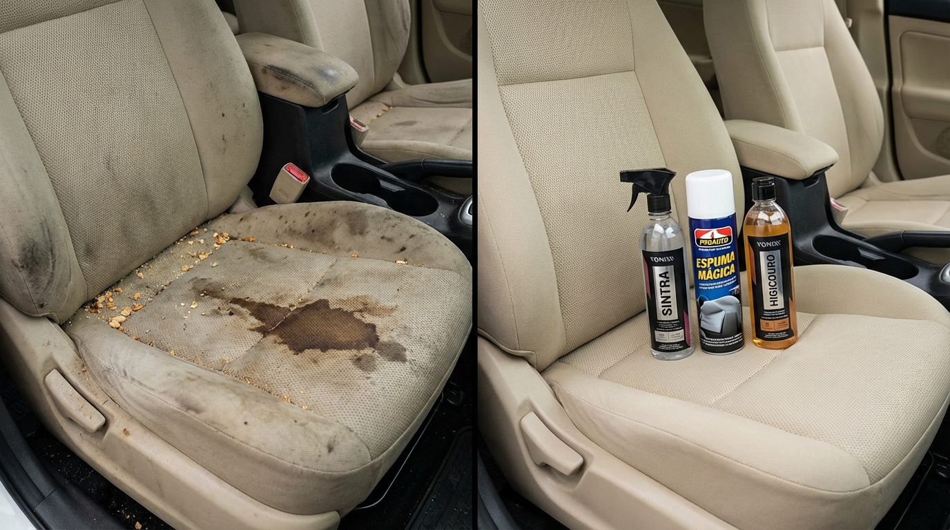 Comparativo visual de bancos de carro sujos e limpos com os produtos Vonixx Sintra Fast, Espuma Mágica Proauto e Higicouro.
