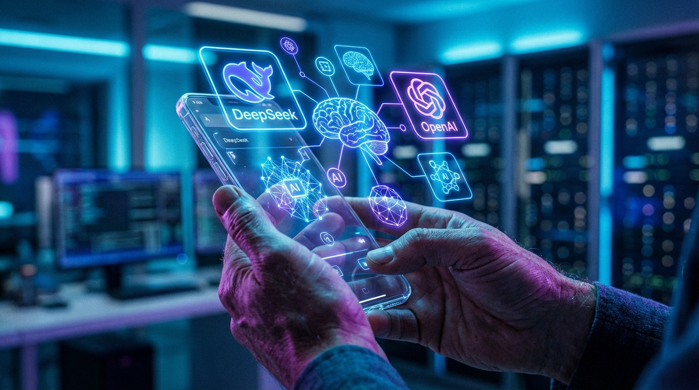 Mão segurando smartphone com interface holográfica de inteligência artificial em ambiente tecnológico.