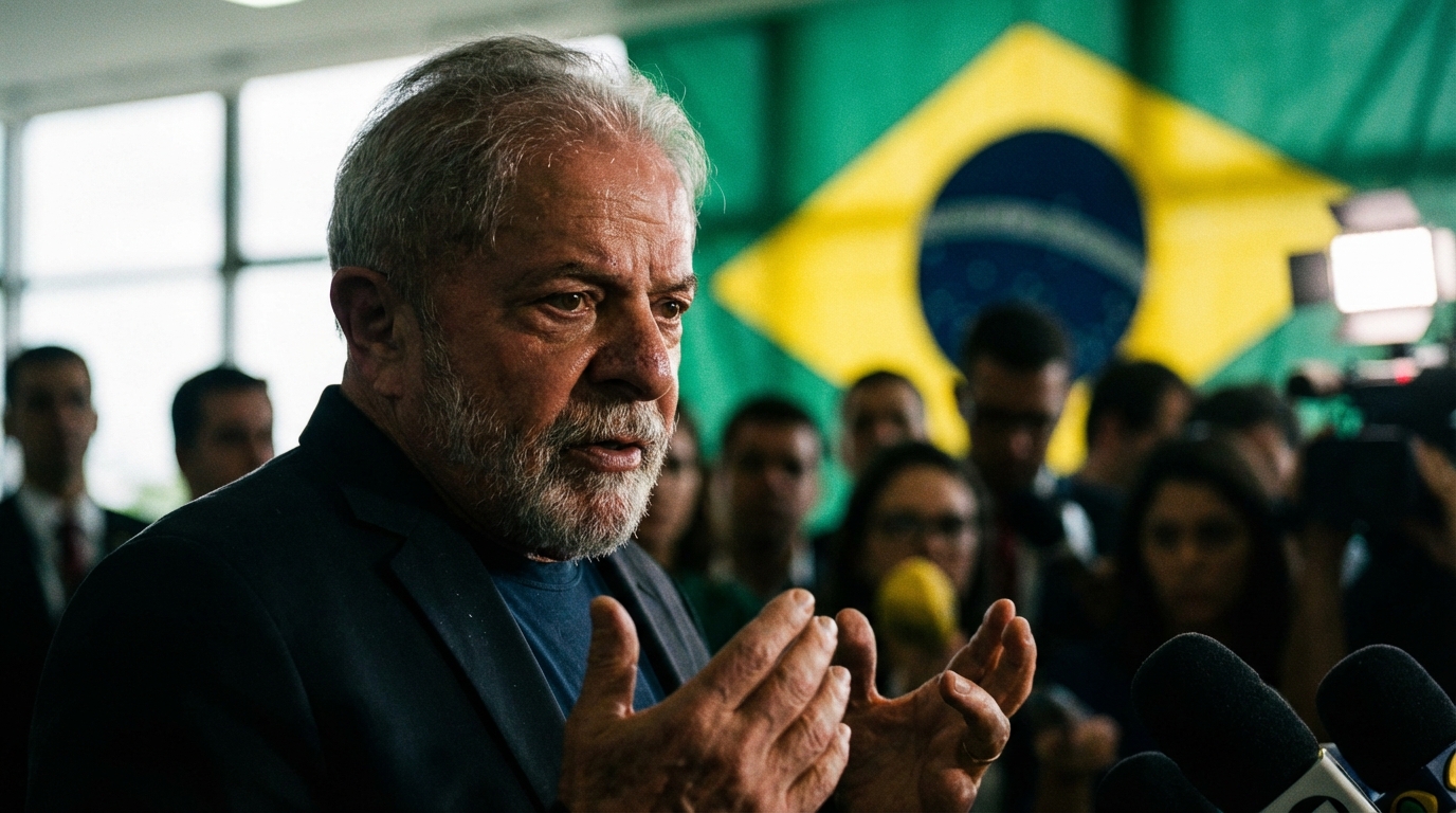 Presidente Lula com expressão séria durante pronunciamento em Brasília.