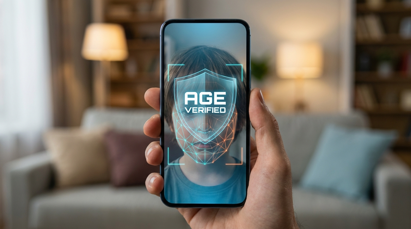 Smartphone exibindo tela de verificação de idade biométrica com sobreposição digital em rosto de usuário