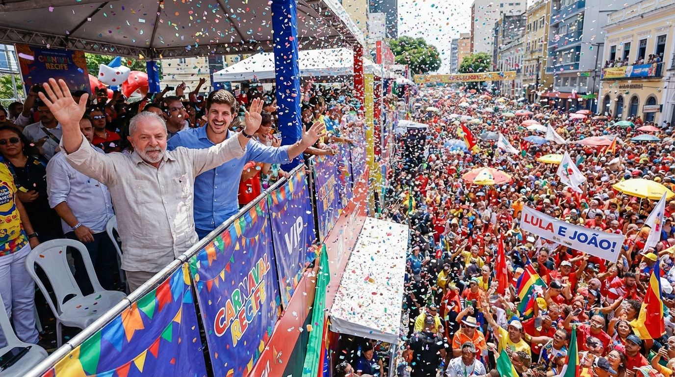 Presidente Lula acena para multidão no Galo da Madrugada ao lado de João Campos.