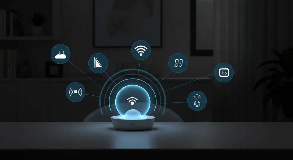 Um ambiente de sala de estar moderno e aconchegante com luzes inteligentes e termostato, ilustrando o controle perfeito proporcionado pelos assistentes de voz para casa inteligente.
