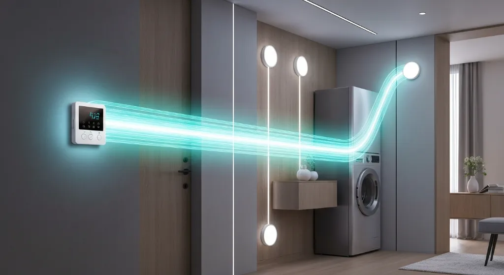 Interior de uma casa inteligente e moderna com iluminação otimizada e um termostato conectado, representando a automação para economia de energia e eficiência do lar.