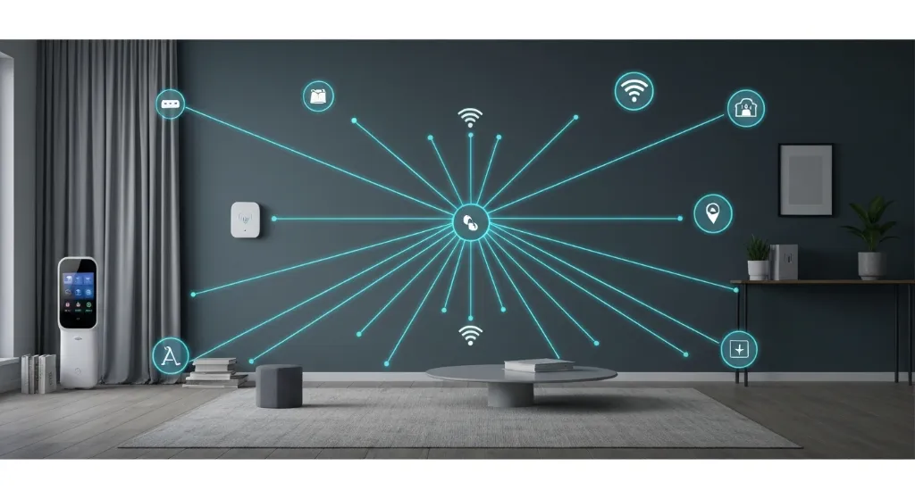 Uma sala de estar inteligente com dispositivos conectados por linhas de luz, ilustrando a compatibilidade entre dispositivos inteligentes para uma integração perfeita.