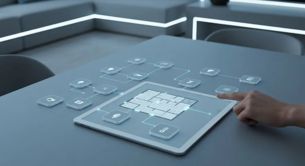 Mesa moderna com tablet exibindo um layout de casa inteligente e ícones de dispositivos conectados, representando o planejamento de sistema de casa inteligente e a integração de tecnologias.