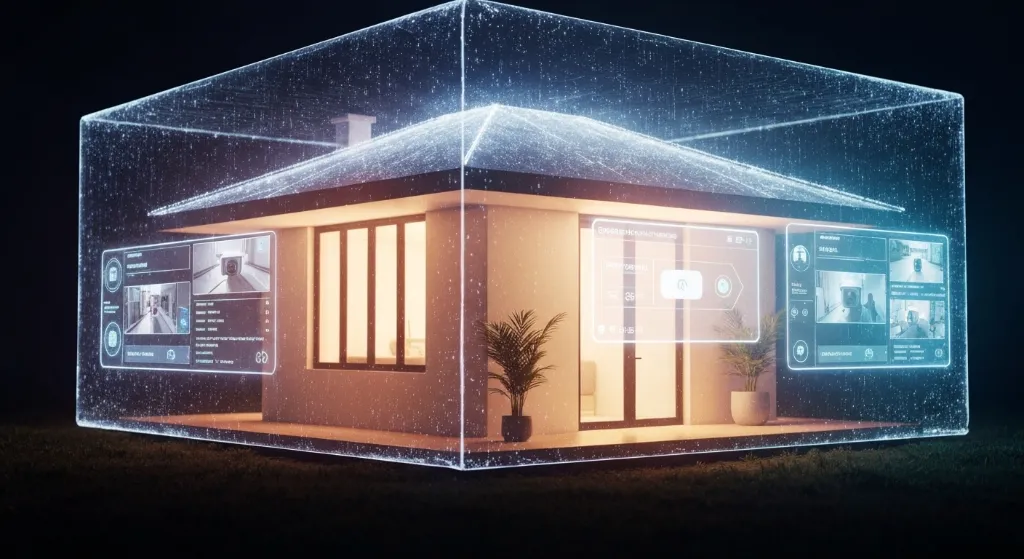 Uma casa futurista protegida por um escudo digital, com interfaces holográficas de câmeras e alarmes, simbolizando a segurança oferecida pelos sistemas de segurança residencial inteligentes.