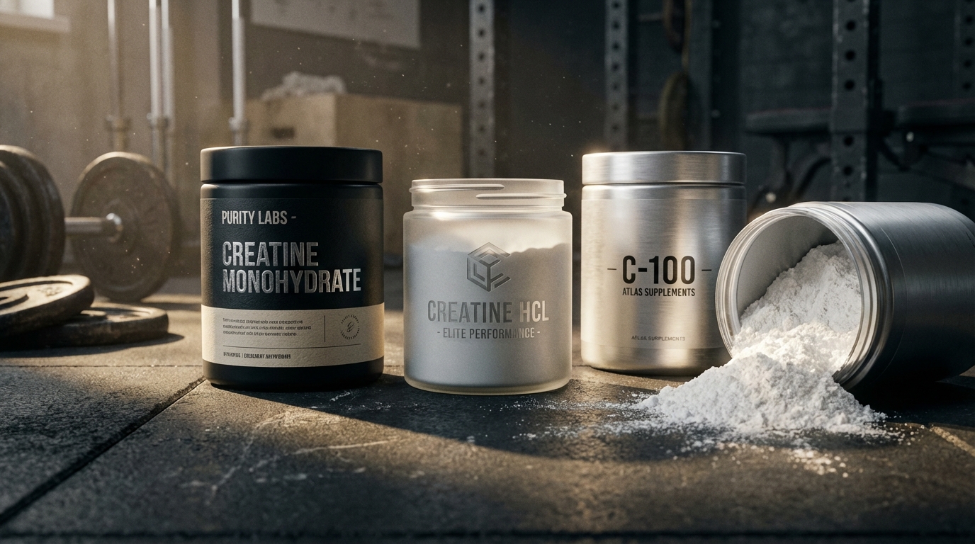 Top 3 creatina em destaque sobre uma bancada de academia com iluminação profissional.
